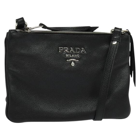PRADA Shoulder Bag Leather Black Silver - Picture 1 of 9